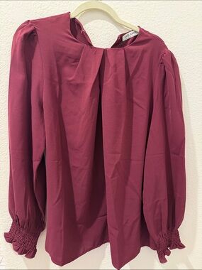 KATE KASIN Wine Red Pleated Long-Sleeve Blouse Sz L